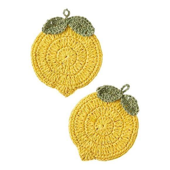 Anthropologie Woven Raffia Lemon Coasters, Set of 2 Crochet Tropical Decor - Picture 2 of 2